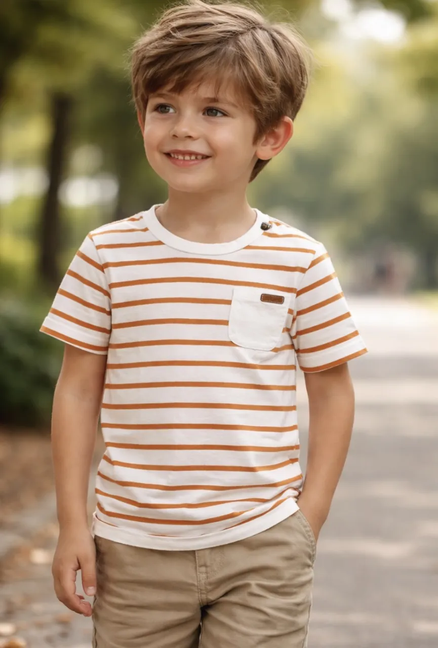Remera a rayas blancas y naranjas, con bolsillo en el frente y botones en los hombros. Ideal para el día a día de los más chicos.
