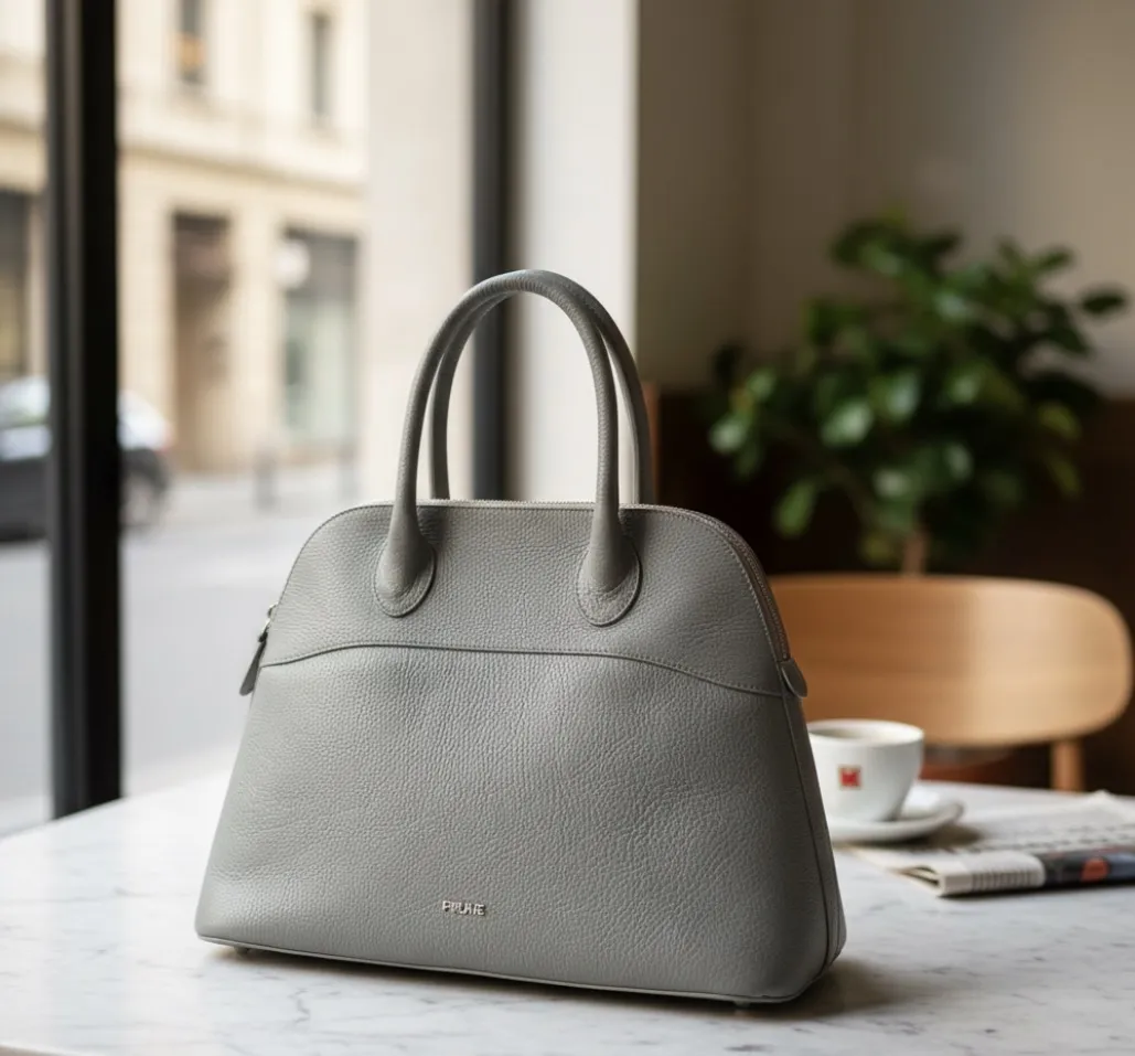 Cartera de cuero gris de la marca PRUNE, con manijas cortas y correa desmontable. Interior forrado con estampa de corazones y rombos. Posee detalles metálicos y cierre. Detalle que se muestra en la ultima foto de desgaste por el uso.