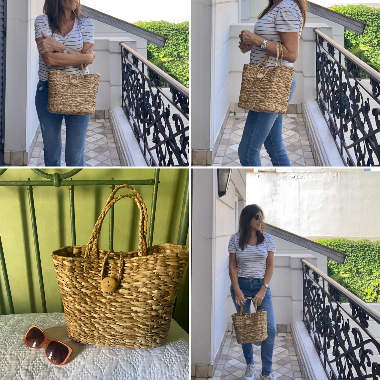 Bolso de playa artesanal de mimbre, ideal para llevar todo lo necesario con estilo. Perfecto para un look casual y playero.