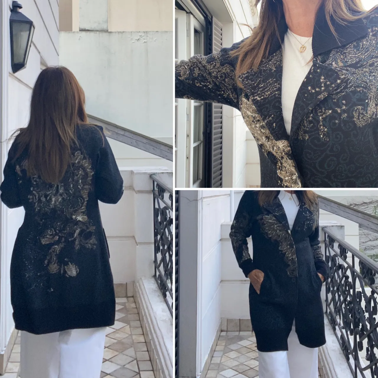 Elegante saco tejido negro azulino con estampas. Ideal para un look sofisticado y con estilo.