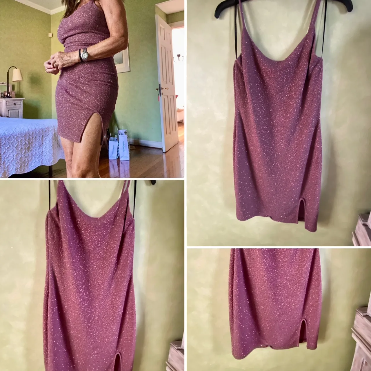 Vestido mini de fiesta, color rosa con brillos. Ideal para eventos especiales y salidas nocturnas. Diseño ajustado con abertura lateral. Rosa Dior/Morado.