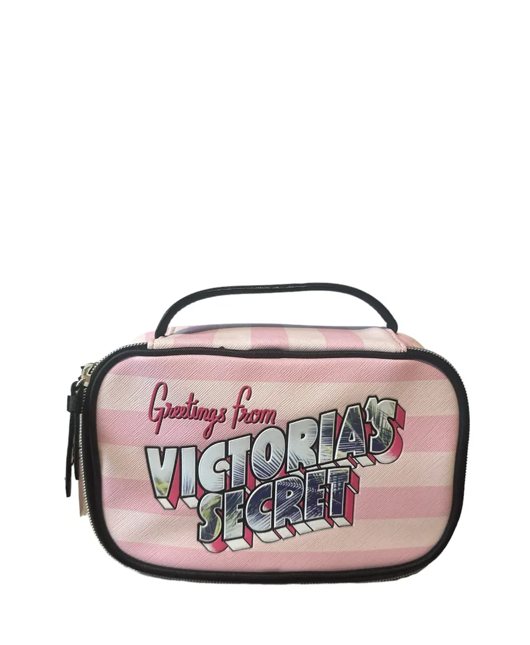 Neceser de Victoria's Secret con diseño a rayas rosas y blancas. Ideal para guardar cosméticos y artículos de aseo personal. Cuenta con un asa superior y cierre con cremallera.