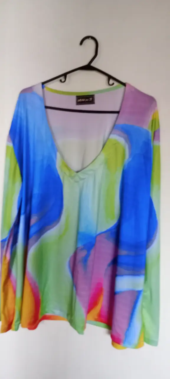 Remera de manga larga con estampado abstracto en tonos azules, verdes, rosas y amarillos. Cuello en V y corte holgado. Ideal para un look casual y moderno.