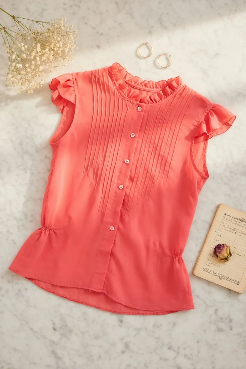 Blusa color coral con cuello mao, detalles de frunces en el frente y mangas cortas con volados. Posee botones al frente.