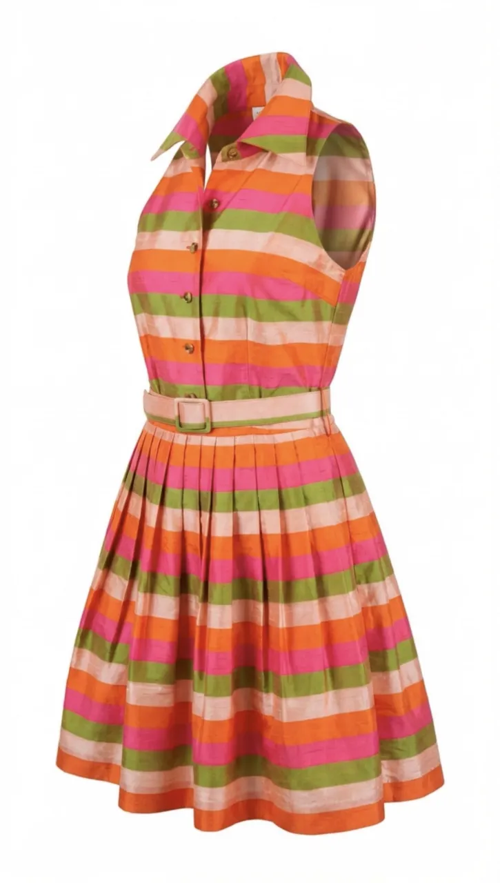 Vestido a rayas verticales multicolor con cuello camisero y cinturón a tono. Posee botones al frente y falda con pliegues.