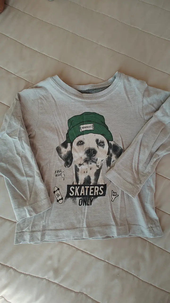 Remera manga larga para niño, con estampado de un perro skater con gorro. Ideal para un look casual y divertido. Talle 3, tiene 37cm de largo y 38cm del largo de la manga.