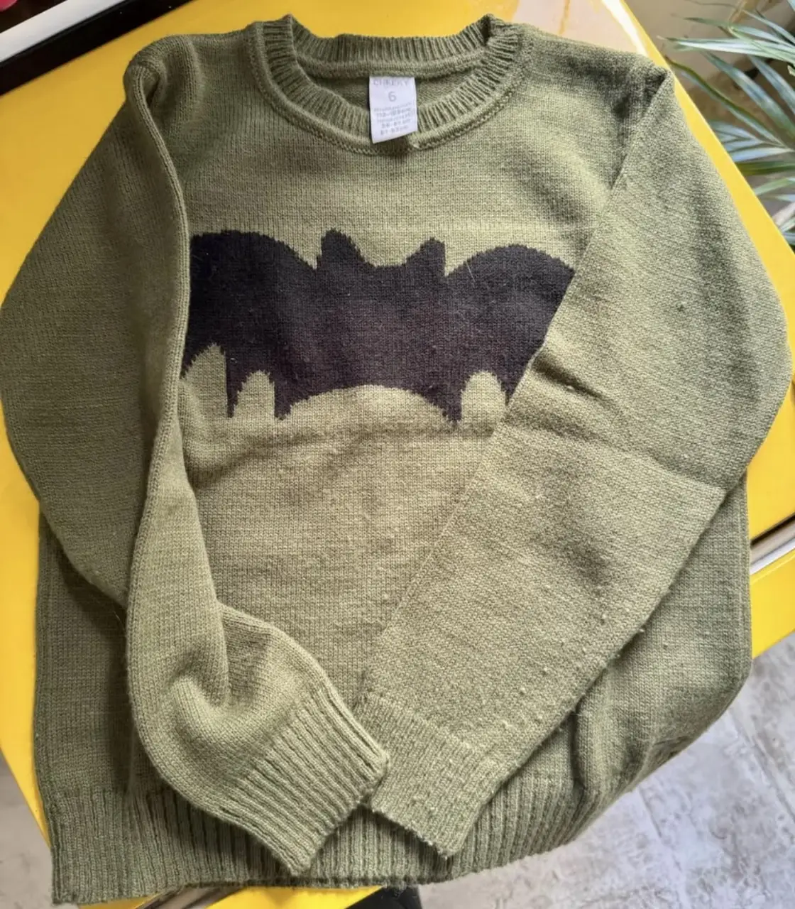 Sweater de niño color verde con un diseño de murciélago en negro. Ideal para un look casual y cómodo. talle 6 años