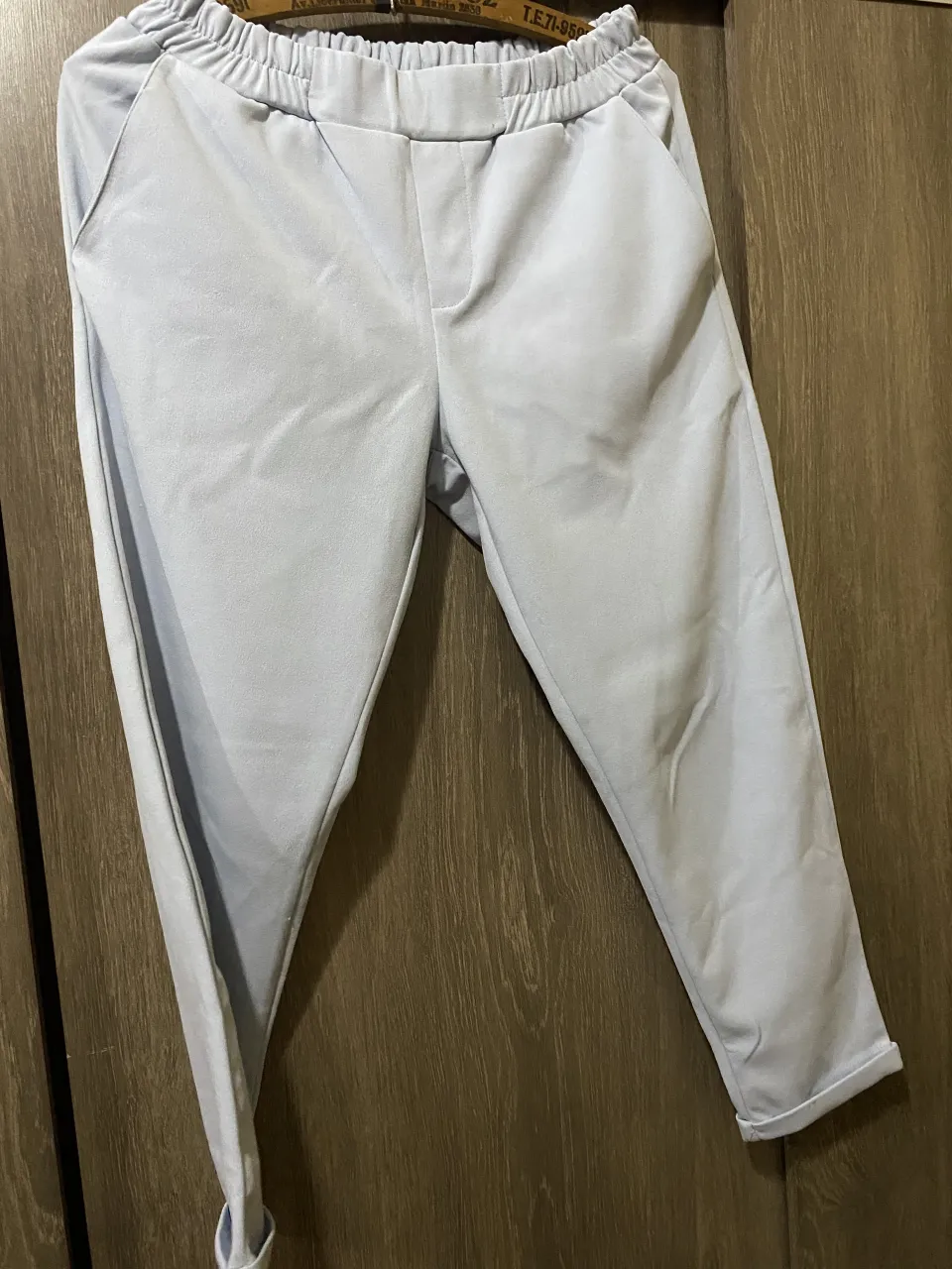 Pantalón de vestir color celeste pastel. Posee cintura elastizada con detalle de pinzas y bolsillos delanteros. En la parte trasera tiene dos bolsillos.