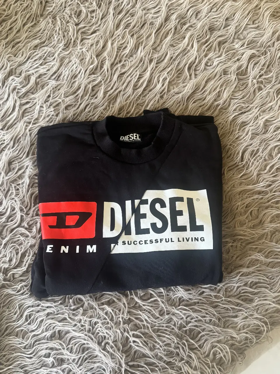 Buzo de cuello redondo negro de la marca Diesel, con el logo de la marca en blanco y rojo en el frente. Ideal para un look casual y urbano.
