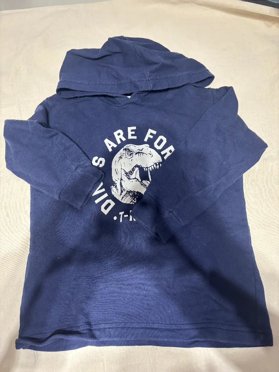 Buzo canguro azul marino para niño con capucha y estampado de dinosaurio. Ideal para un look casual y cómodo.