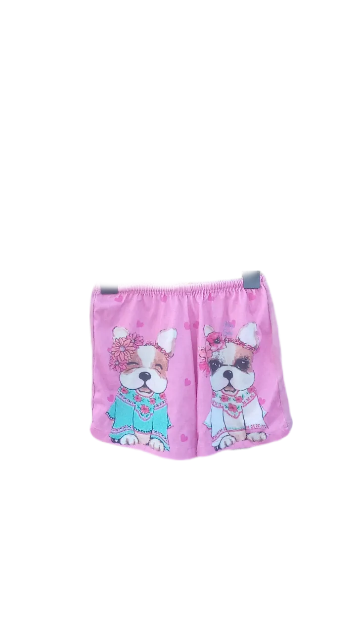 Shorts de algodón rosa con estampa de dos perritos bulldog franceses con flores y pañuelos. Cintura elastizada.