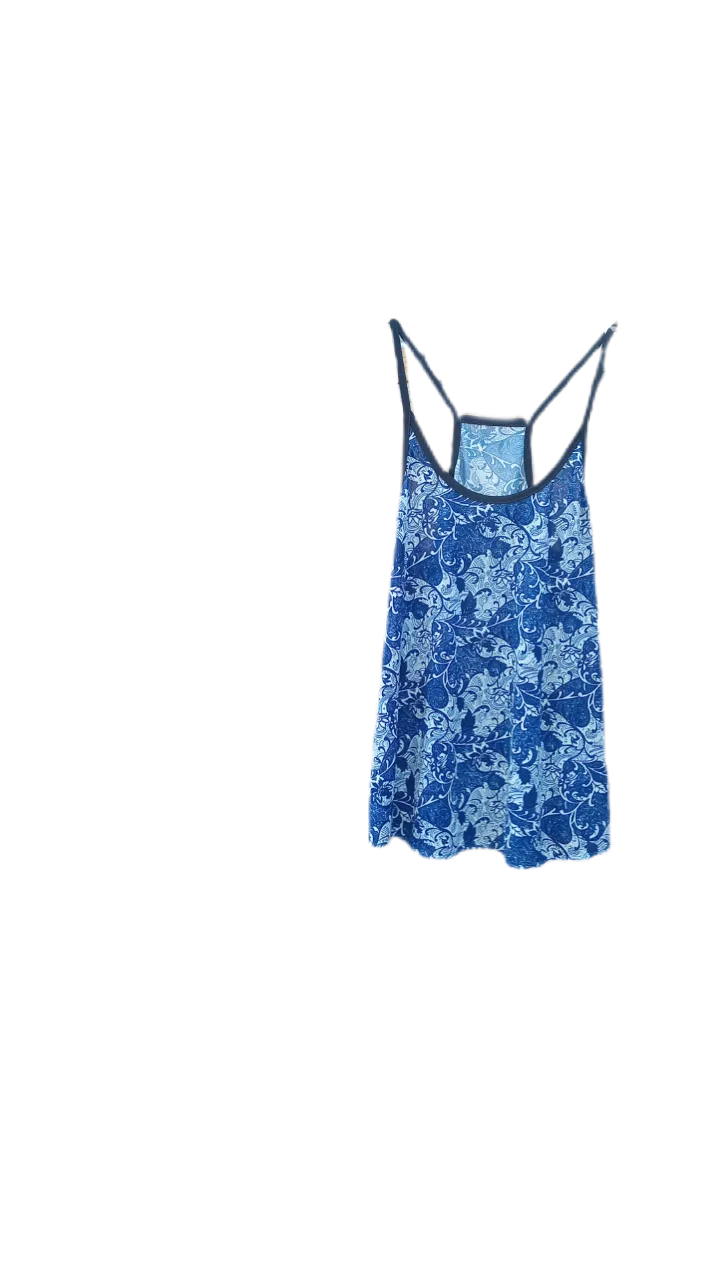 Musculosa estampada con motivos florales en tonos de azul. Breteles finos.