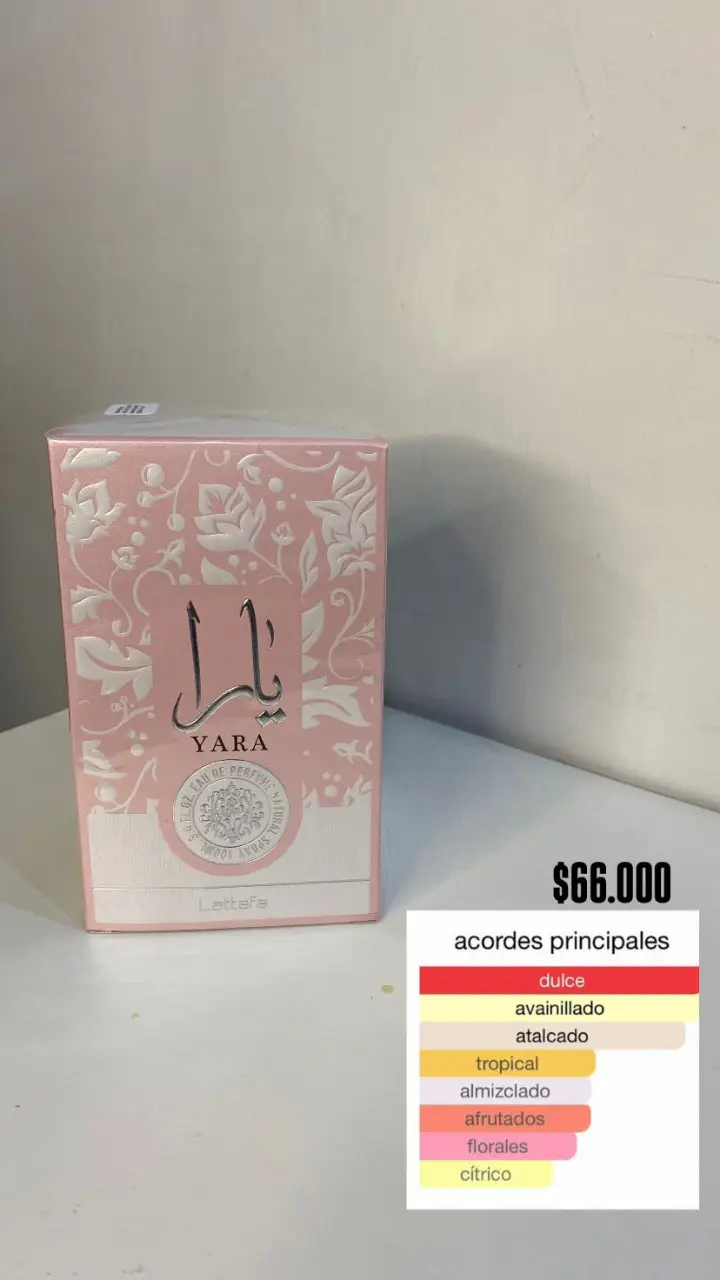 Perfume Yara de Lattafa, Eau de Parfum 100ml. Fragancia dulce, avainillada, atalcada, tropical, almizclada, afrutada, floral y cítrica. Ideal para mujeres.