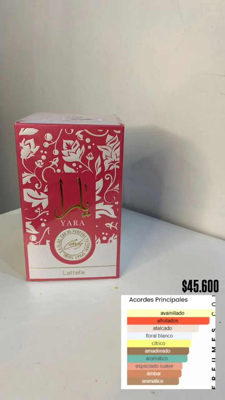 Perfume Yara de Lattafa, eau de parfum, 100ml. Fragancia con acordes principales avainillado, afrutados, atalcado, floral blanco, cítrico, amaderado, aromático, especiado suave, ámbar y animálico.