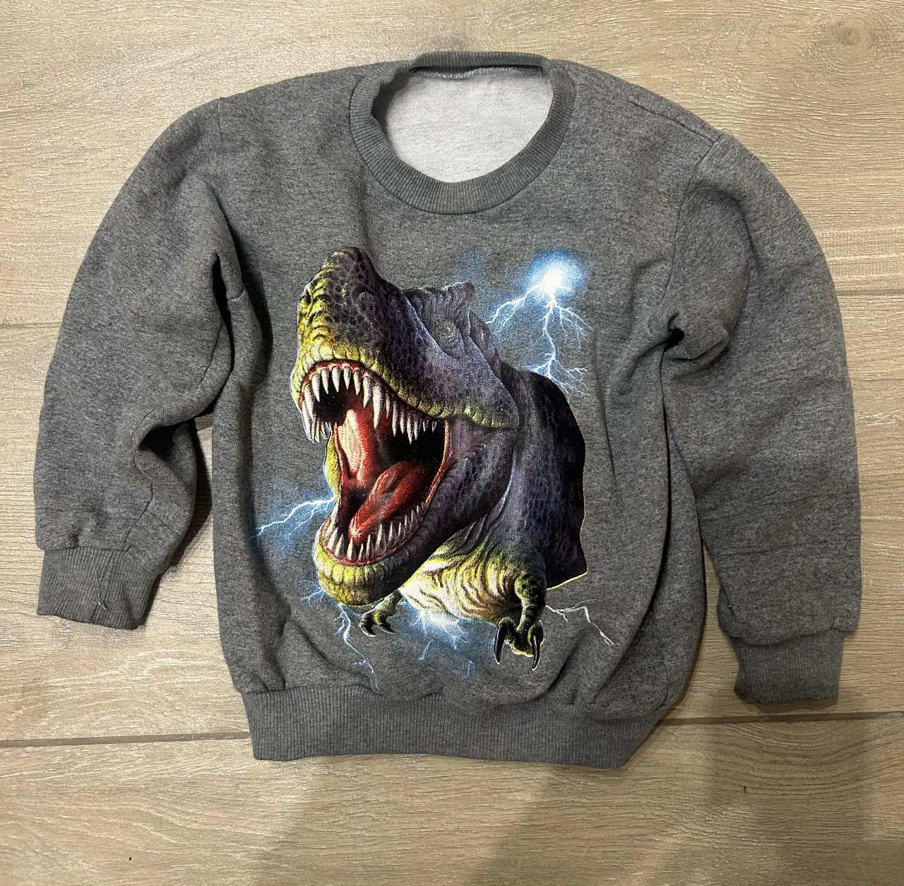 Buzo de cuello redondo para niño, con estampado de dinosaurio T-Rex y rayos. Ideal para un look casual y cómodo.