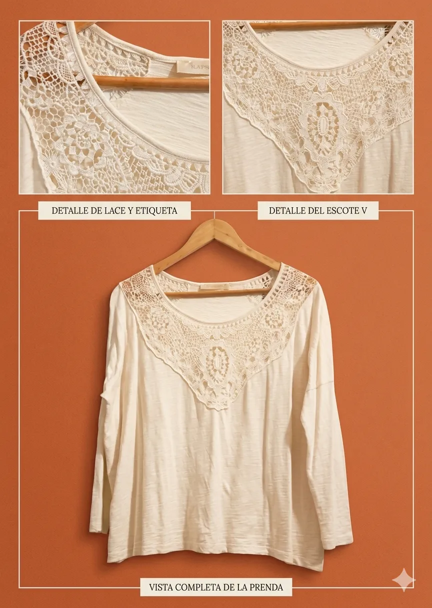 Remera  RAPSODIA de manga larga color crudo de algodón con detalle de encaje en el cuello y escote en V.  Posee un diseño de puntilla en la parte superior delantera. Talle 40/42 
