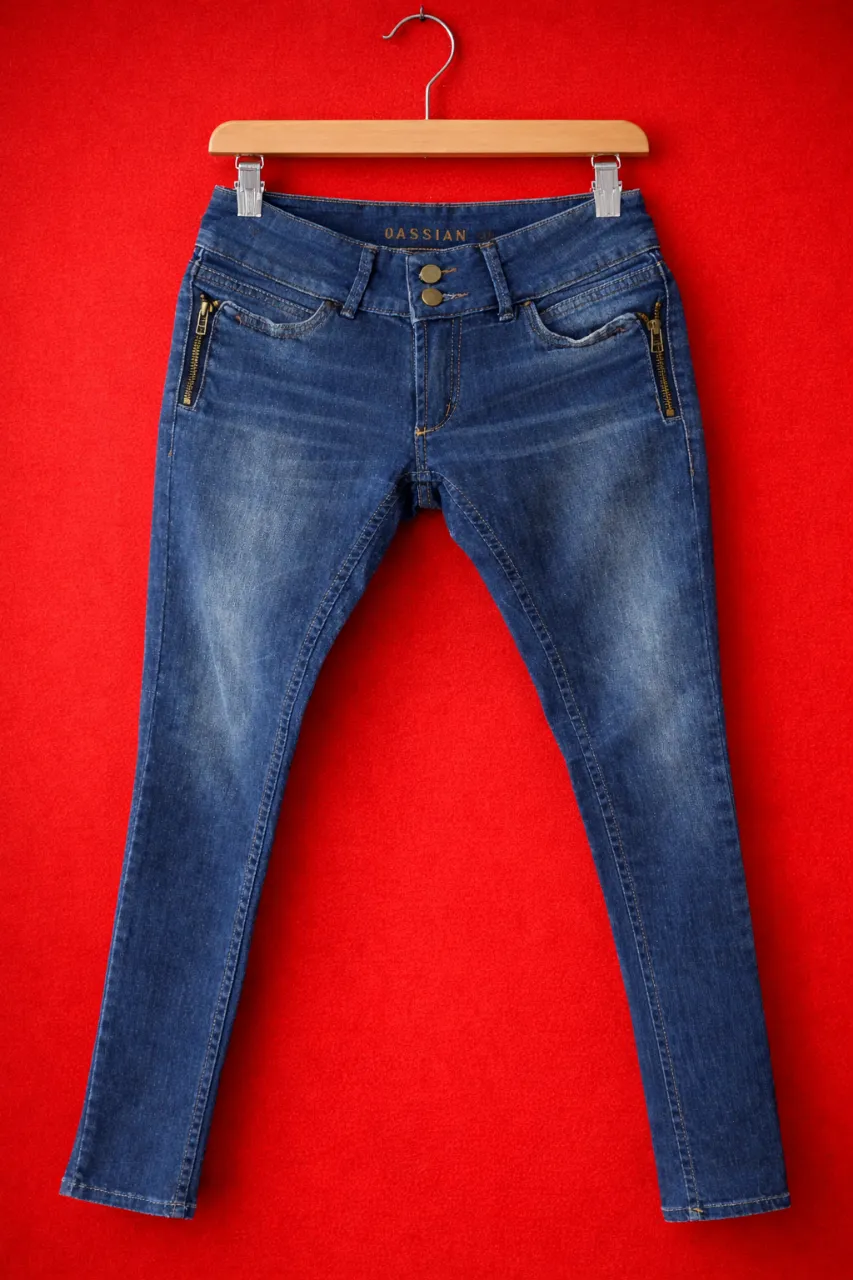 Jean OASSIAN tela elastizada azul con detalles de desgaste  sutil corte entallado tiro medio bajo cierres dorados en los bolsillos delanteros que lo hacen unico Posee dos bolsillos traseros con diseño bordado con logo original en la etiqueta trasera. talle 36/38