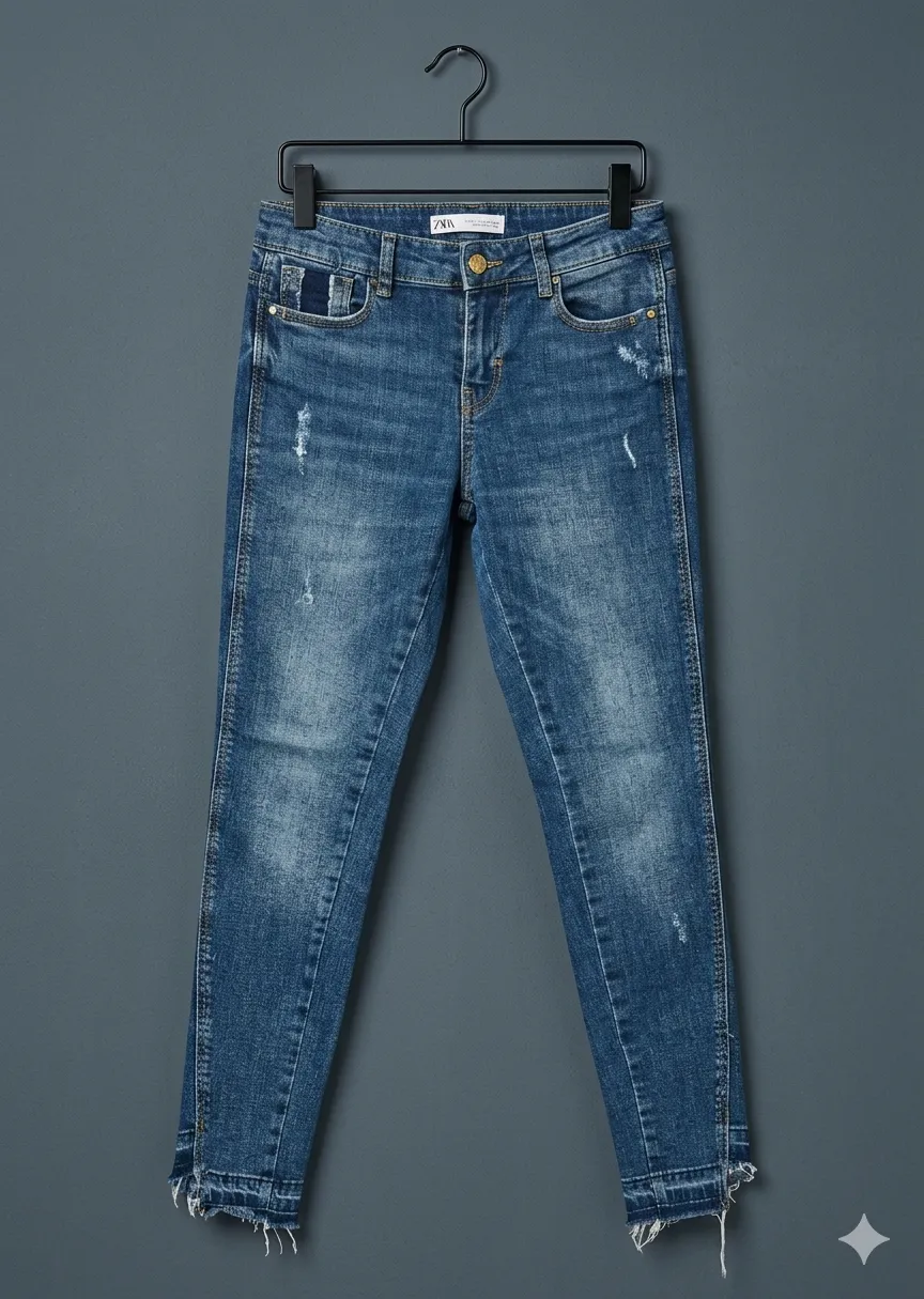 Jeans de denim azul con roturas y detalles deshilachados en los bajos. Cierre de botón y bolsillos frontales y traseros.