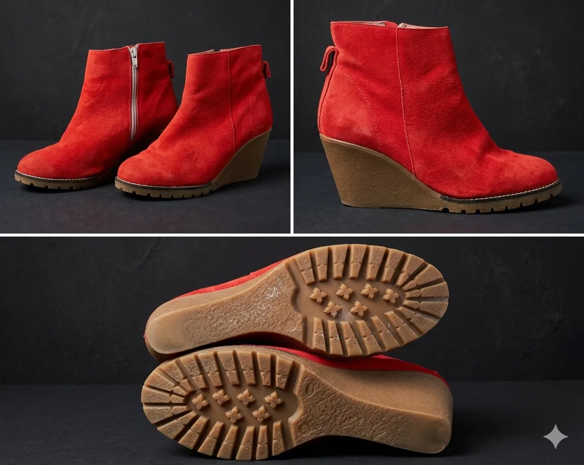 Botitas rojas de gamuza con cierre lateral y taco cuña. Suela de goma con buen agarre. Super cómodas y livianas número 38. 