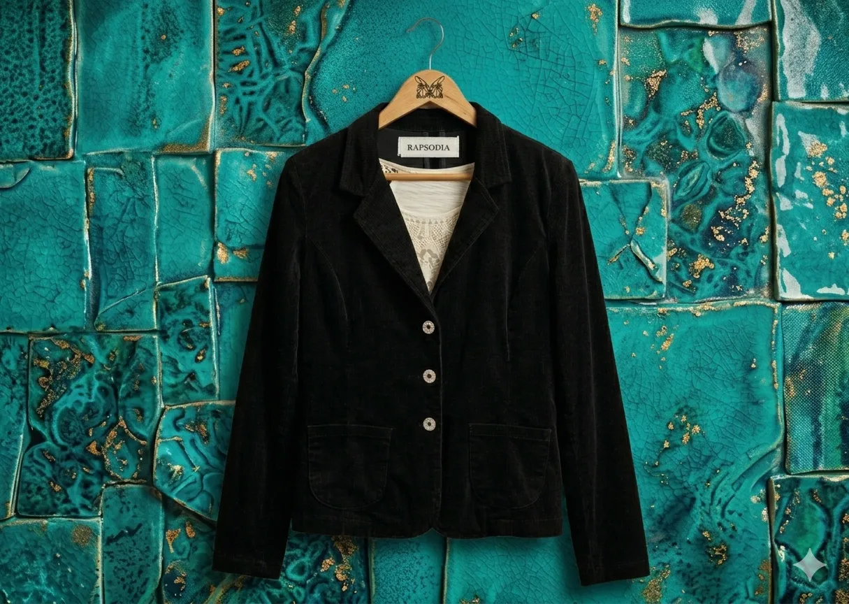 Blazer RAPSODIA entallado negro de algodon pana  liviano con bordado de mariposa en la espalda. Posee tres botones al frente y dos bolsillos con solapa. Talle 40/42. la prenda está impecable!