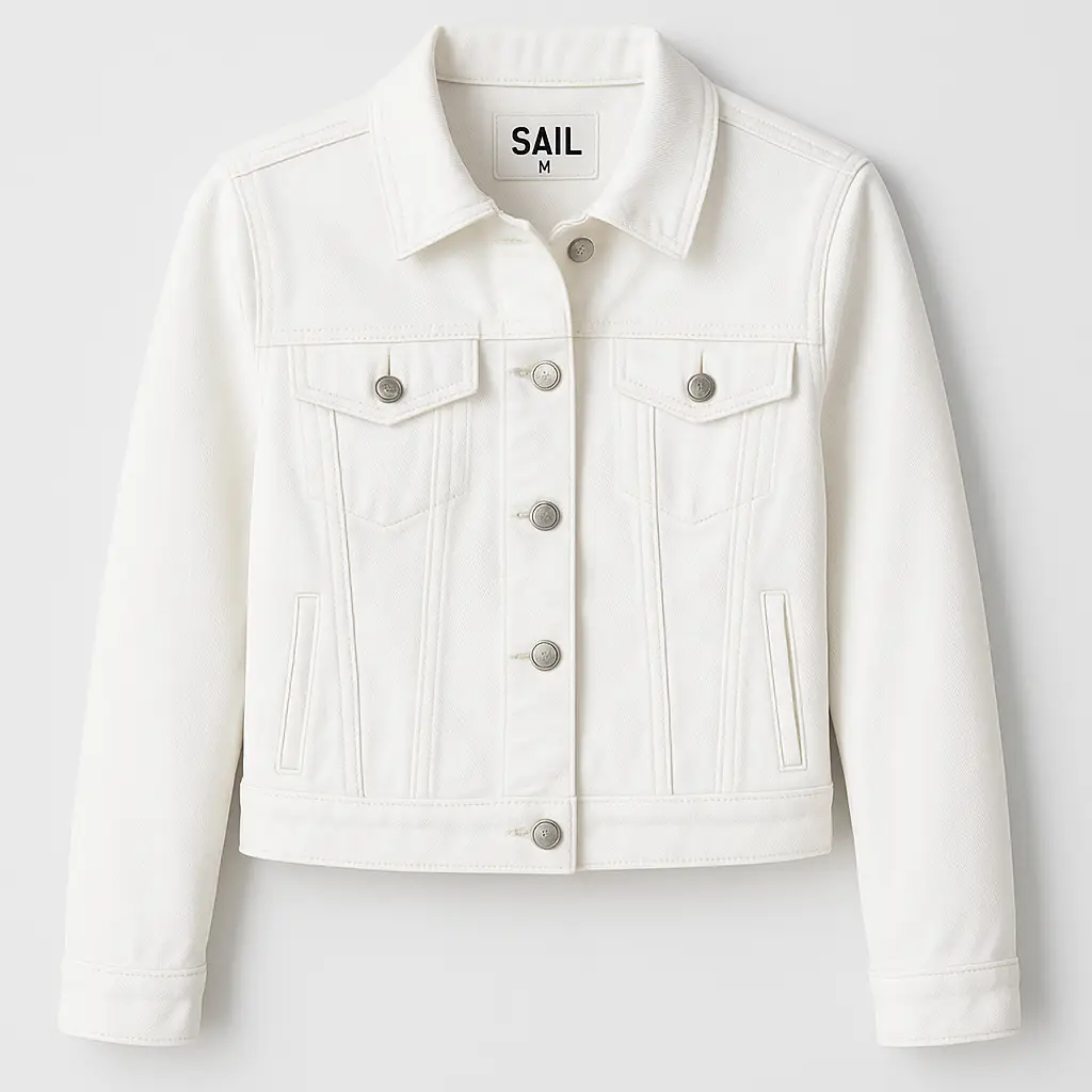 Campera de jean blanca SAIL con cuello clásico y bolsillos delanteros botones metálicos  Ideal para un look casual y moderno. 