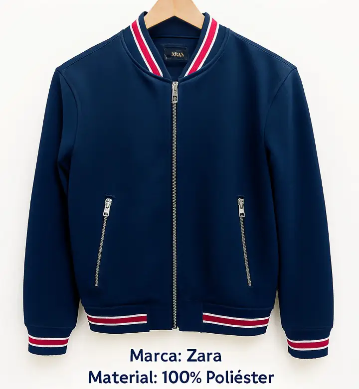 Campera bomber de hombre, azul marino con detalles en blanco y rojo. Marca Zara, confeccionada en 100% poliéster. Ideal para un look casual y deportivo.