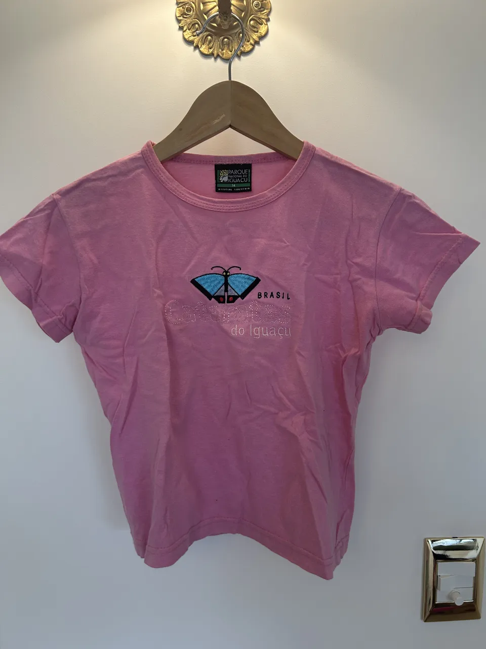 Remera manga corta de algodón color rosa. Estampa de mariposa y texto "PARQUE NACIONAL DO IGUAÇU".