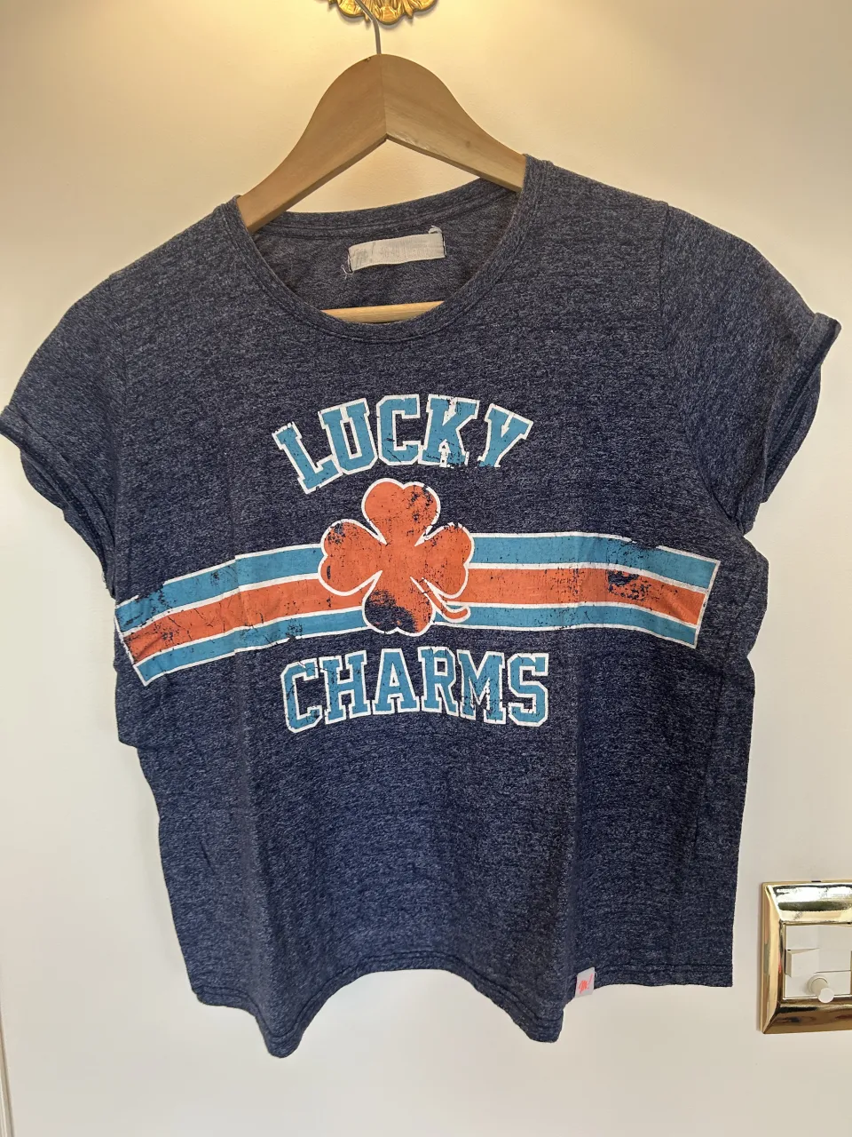 Remera azul marino con estampa "LUCKY CHARMS" y un trébol de cuatro hojas. Posee una franja horizontal naranja y celeste sobre el frente.