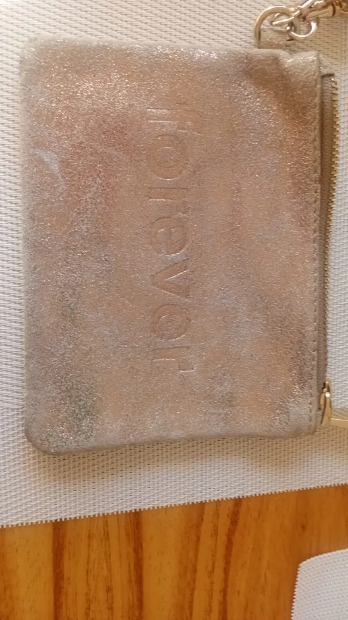 Billetera/monedero metálico color champagne con cierre y detalle de marca en relieve. Incluye correa de mano.