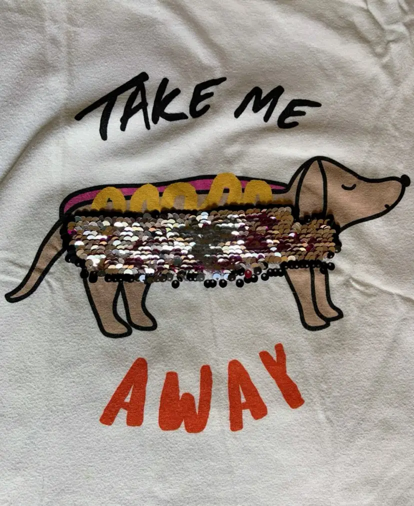 Remera blanca de algodón para niña con estampado de un perro salchicha en un pancho con lentejuelas reversibles. La frase "TAKE ME AWAY" en letras negras y naranjas completa el diseño. Ideal para un look casual y divertido.