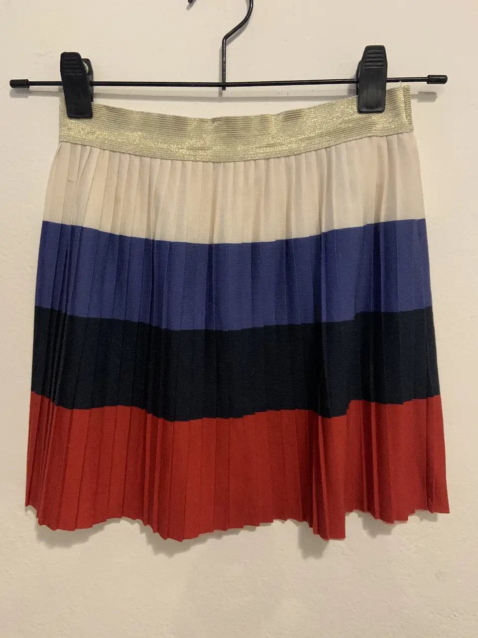Pollera plisada multicolor para niña, con cintura dorada elastizada. Ideal para un look casual y moderno.