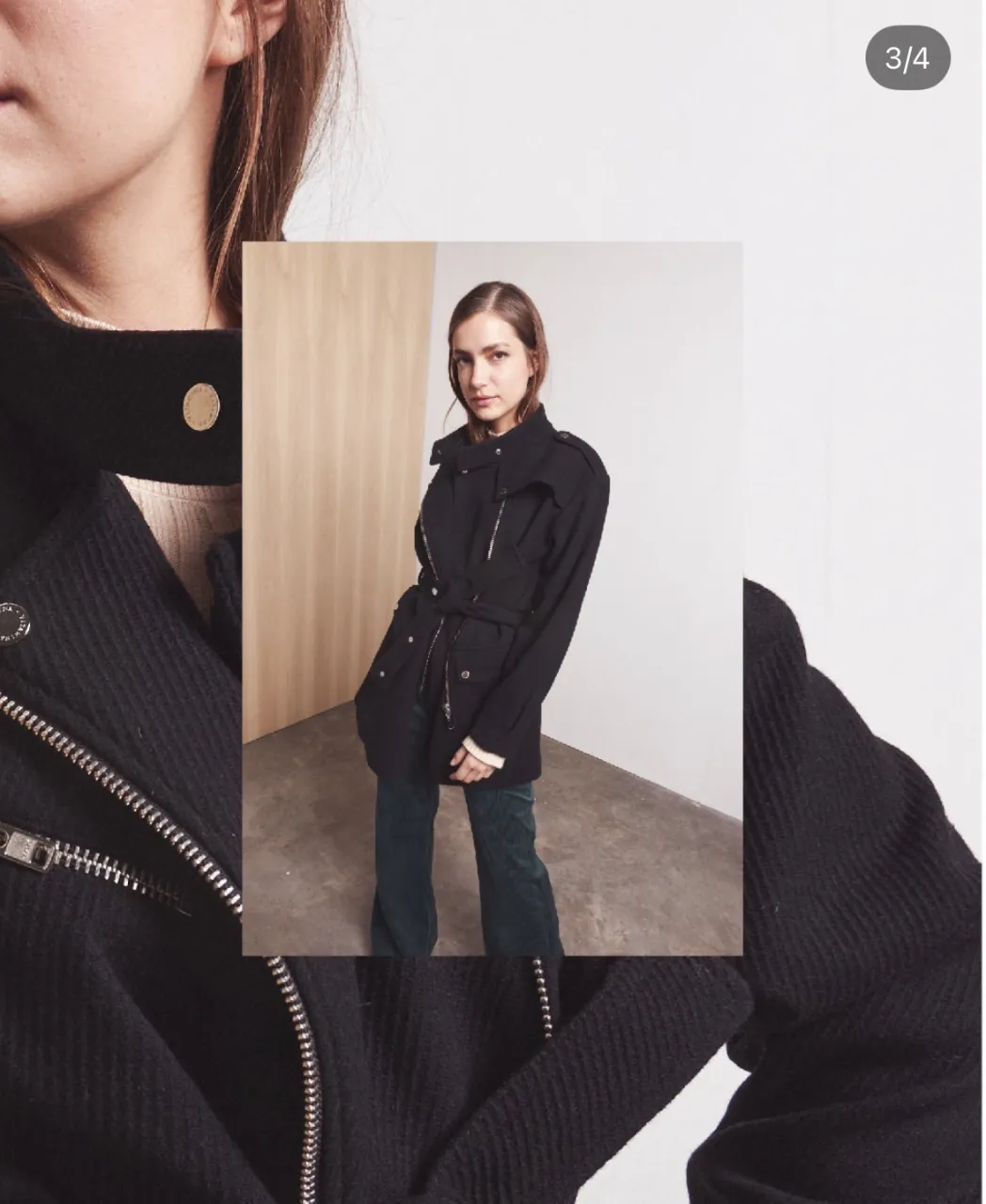 Campera negra estilo trench con cinto y detalles de cierres metálicos. Ideal para un look canchero y moderno. 100% lana. 