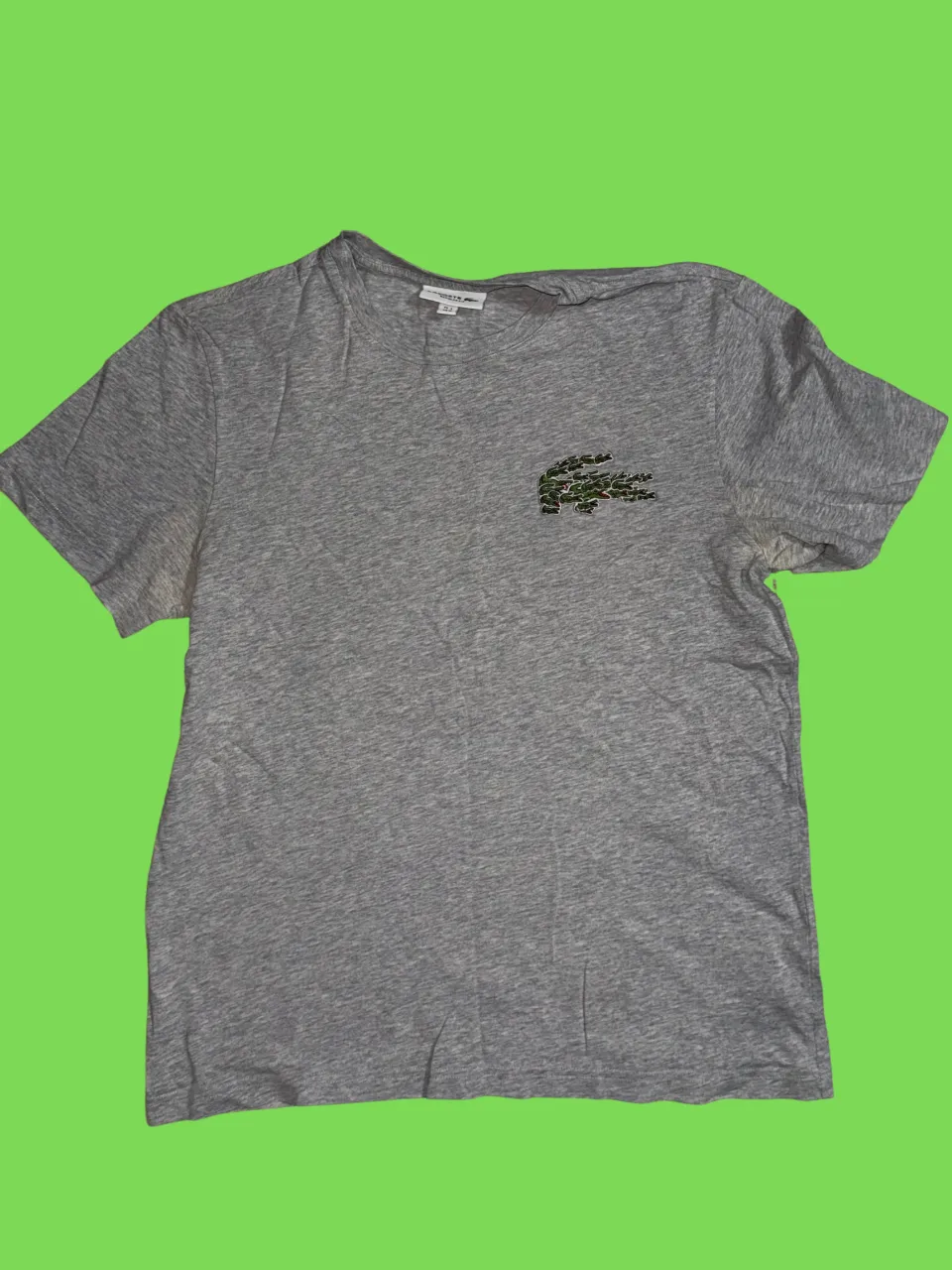 Remera gris de manga corta con logo de cocodrilo bordado en el pecho.