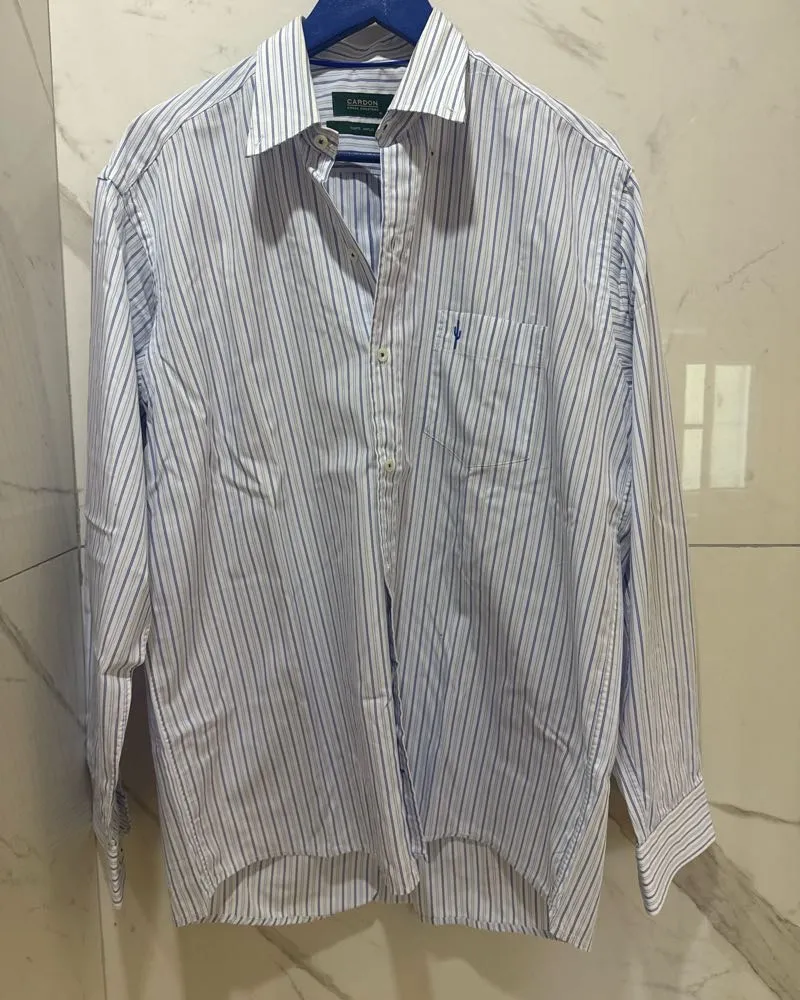 Camisa de vestir de hombre, manga larga, con rayas verticales finas en azul y blanco. Posee cuello clásico y un bolsillo en el pecho con un pequeño bordado de cactus. Ideal para un look casual o de trabajo.