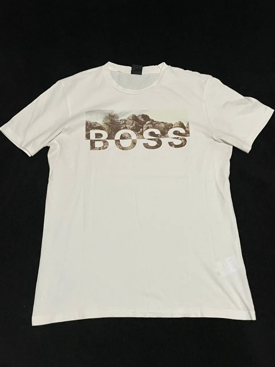 Remera blanca con estampa de paisaje desértico y el logo "BOSS" superpuesto.