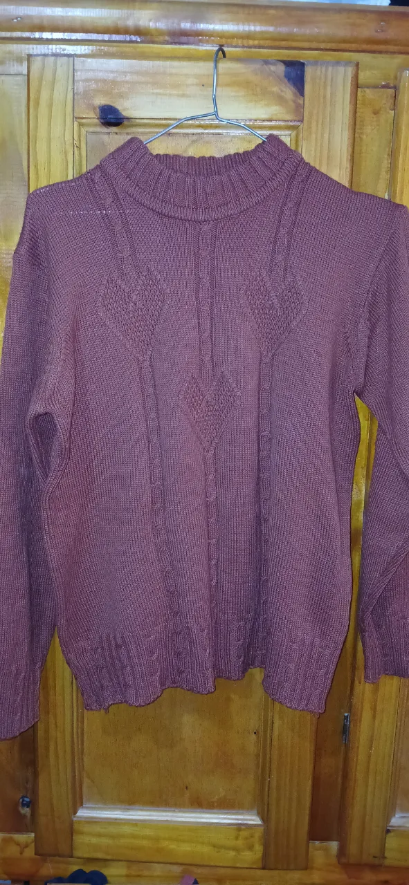 Sweater de cuello alto color marrón con diseño tejido en el frente. Ideal para el invierno.