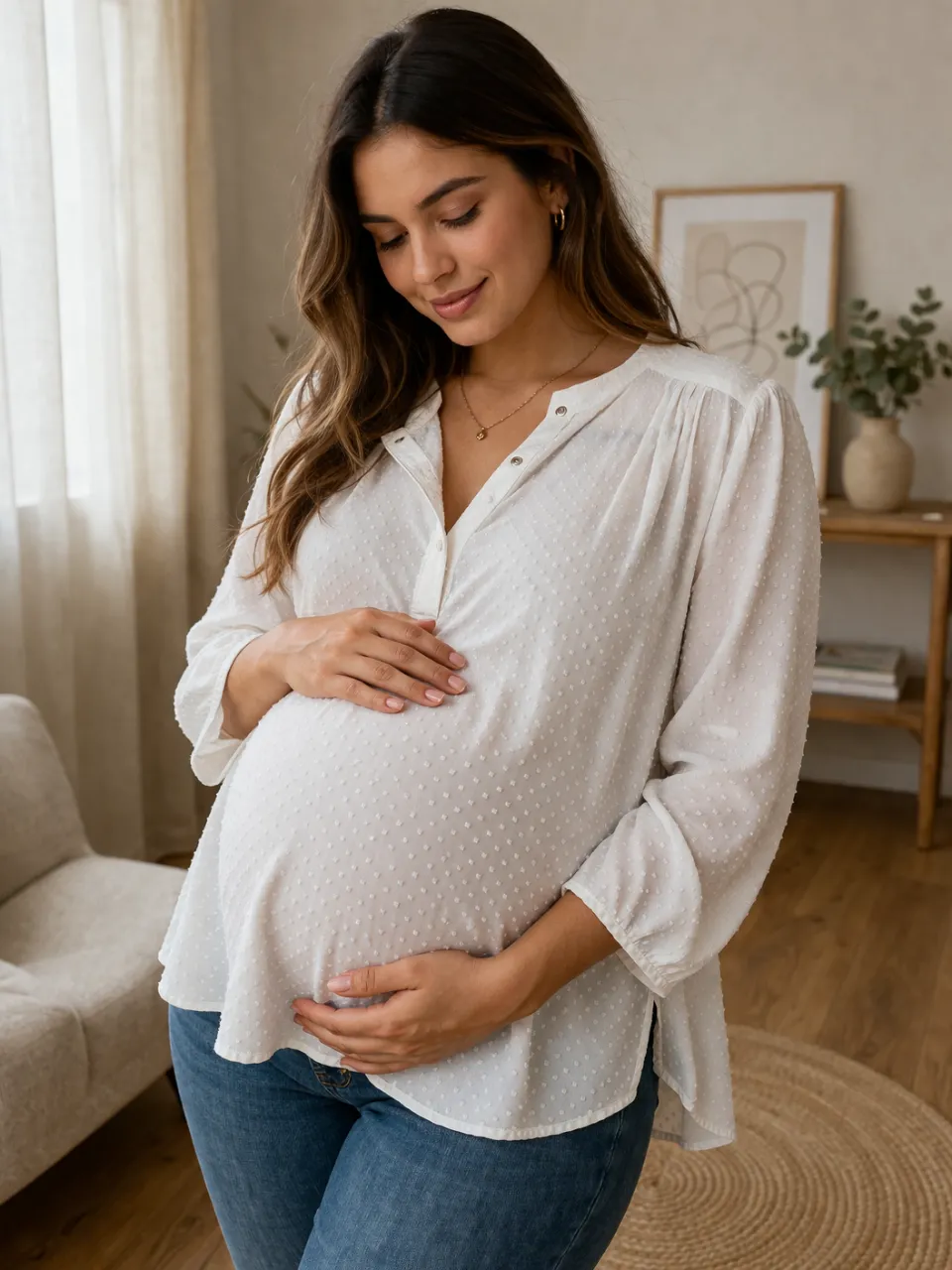 Blusa blanca de manga larga con pequeños puntos en relieve. Posee cuello mao con botones al frente y detalle de frunces en la espalda.Maternity .Largo adelante 0,65 atrás 0,70 con frunce atrás para ir soltando a medida que se necesite .Ancho de sisa 0,94 .Ancho de hombros 0.42.Largo de mangas 0,55,termina con botón para cerrar 