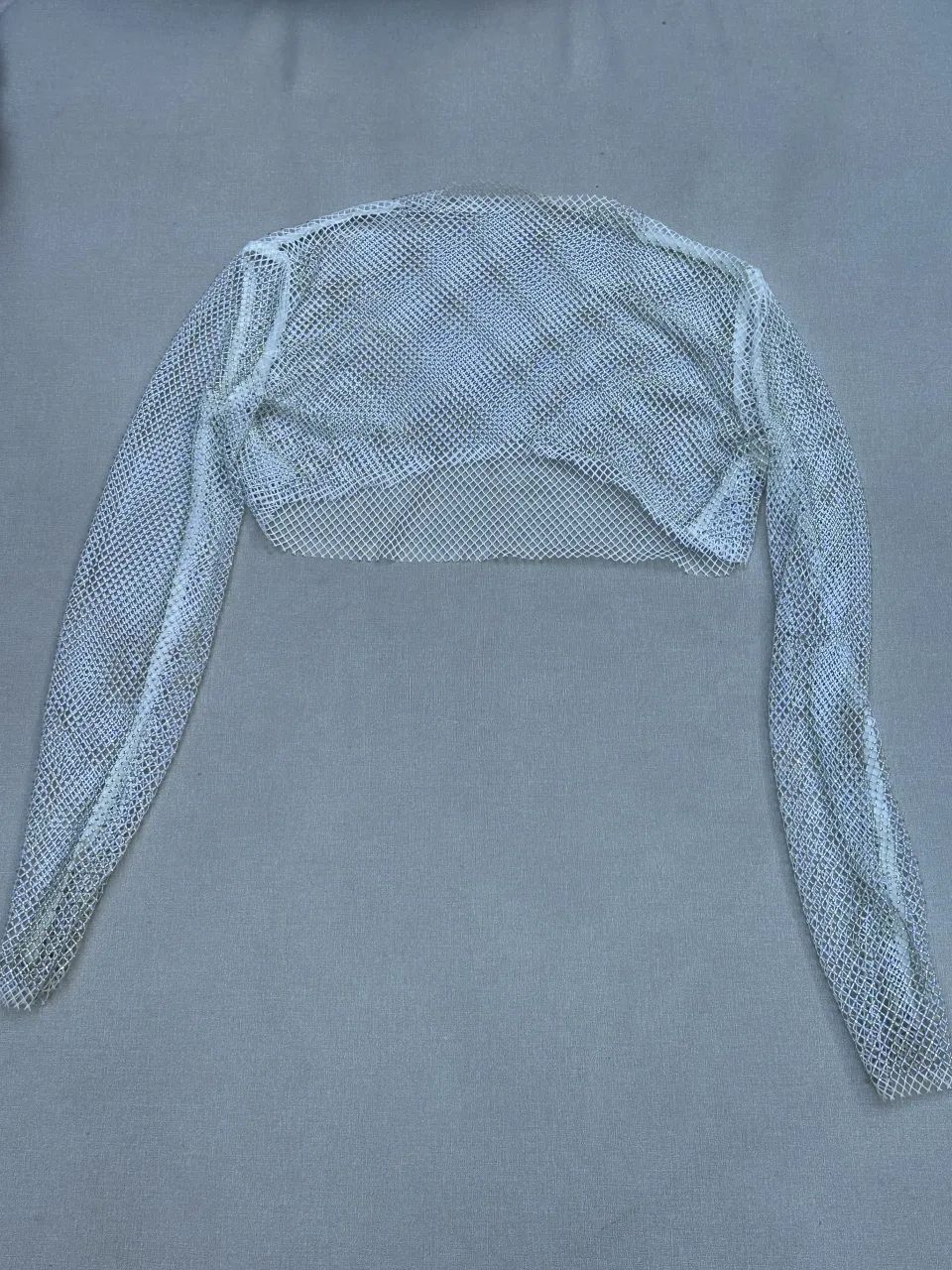 Blusón de red blanco con brillos, manga larga y escote redondo. Ideal para un look canchero y moderno.