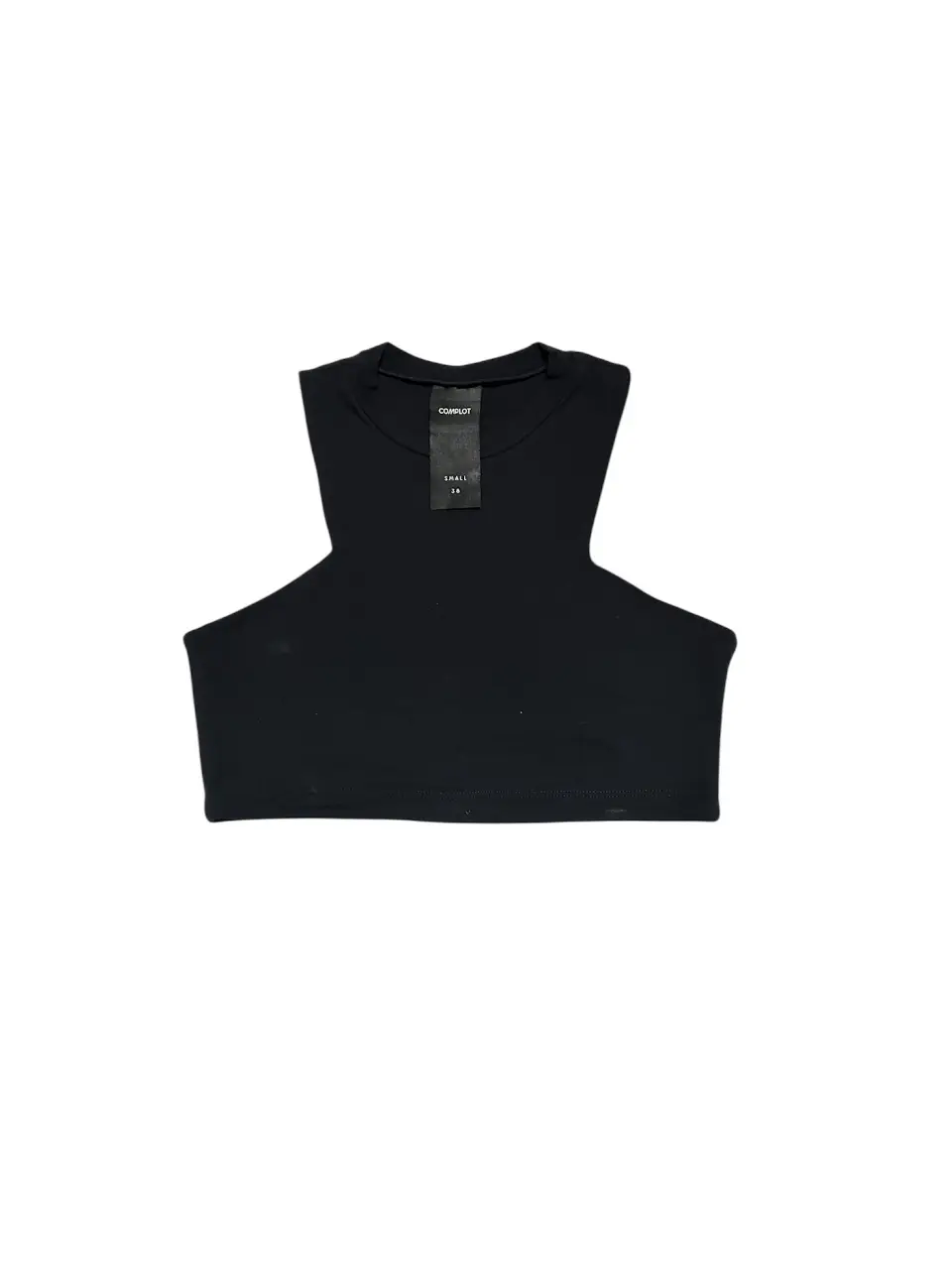 Top negro con diseño halter. Corte ajustado y moderno.