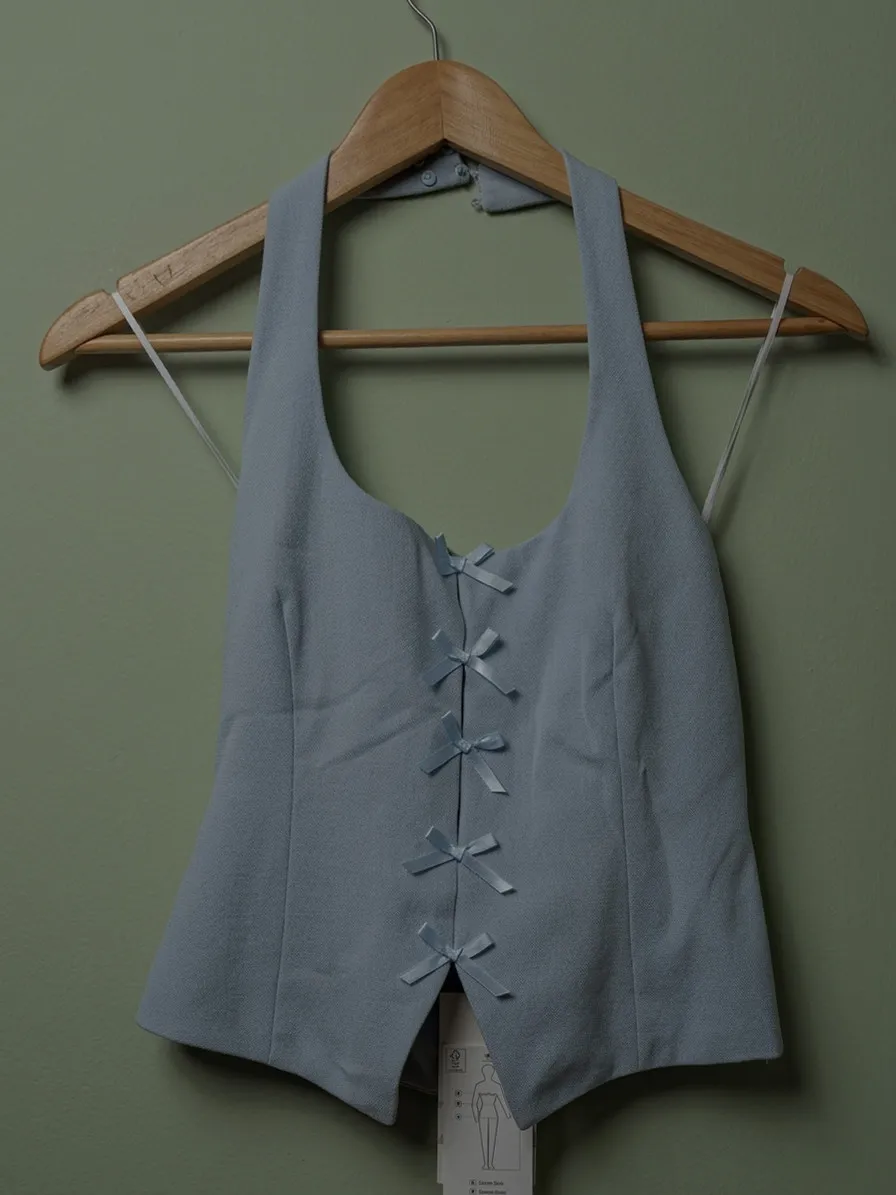 Top escotado con cuello halter y detalle de moños en la parte delantera. Espalda descubierta con cierre de costado y botones 