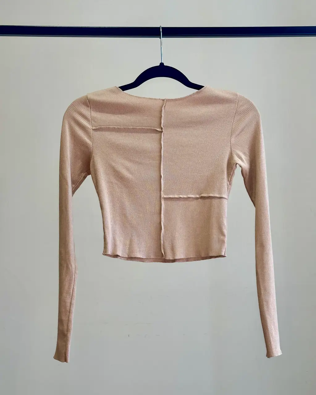Remera manga larga de tejido acanalado en color nude. Diseño con costuras a la vista y corte cropped. Ideal para un look casual y moderno.