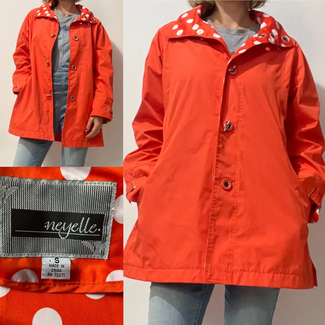 Campera impermeable naranja con interior de lunares blancos y cuello con lunares. Posee botones y bolsillos.