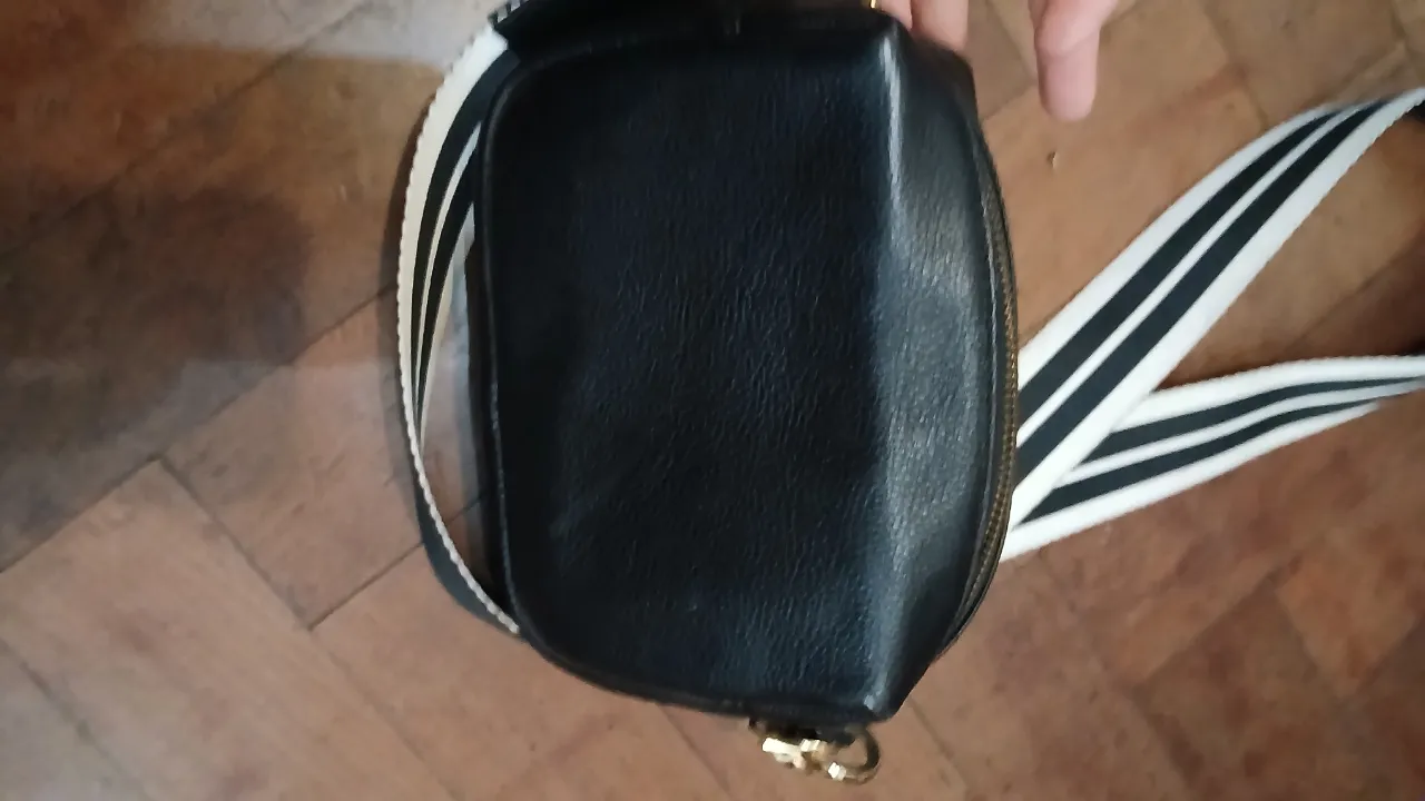 Cartera negra con detalles de sandía y alas, ideal para darle un toque divertido a tu look. Posee correa regulable con rayas blancas y negras. Perfecta para llevar tus esenciales con estilo.