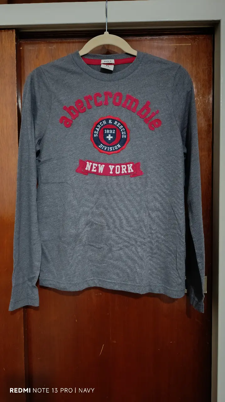 Remera manga larga gris de adolescente Abercrombie, con estampado en rojo en el frente. Ideal para un look casual y cómodo.