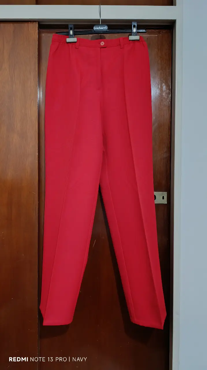 Pantalón sastrero rojo de mujer, talle 44. Diseño de cintura alta y corte recto, ideal para un look elegante y sofisticado. Confeccionado en tela de alta calidad, perfecto para ocasiones formales o para darle un toque de color a tu outfit diario.