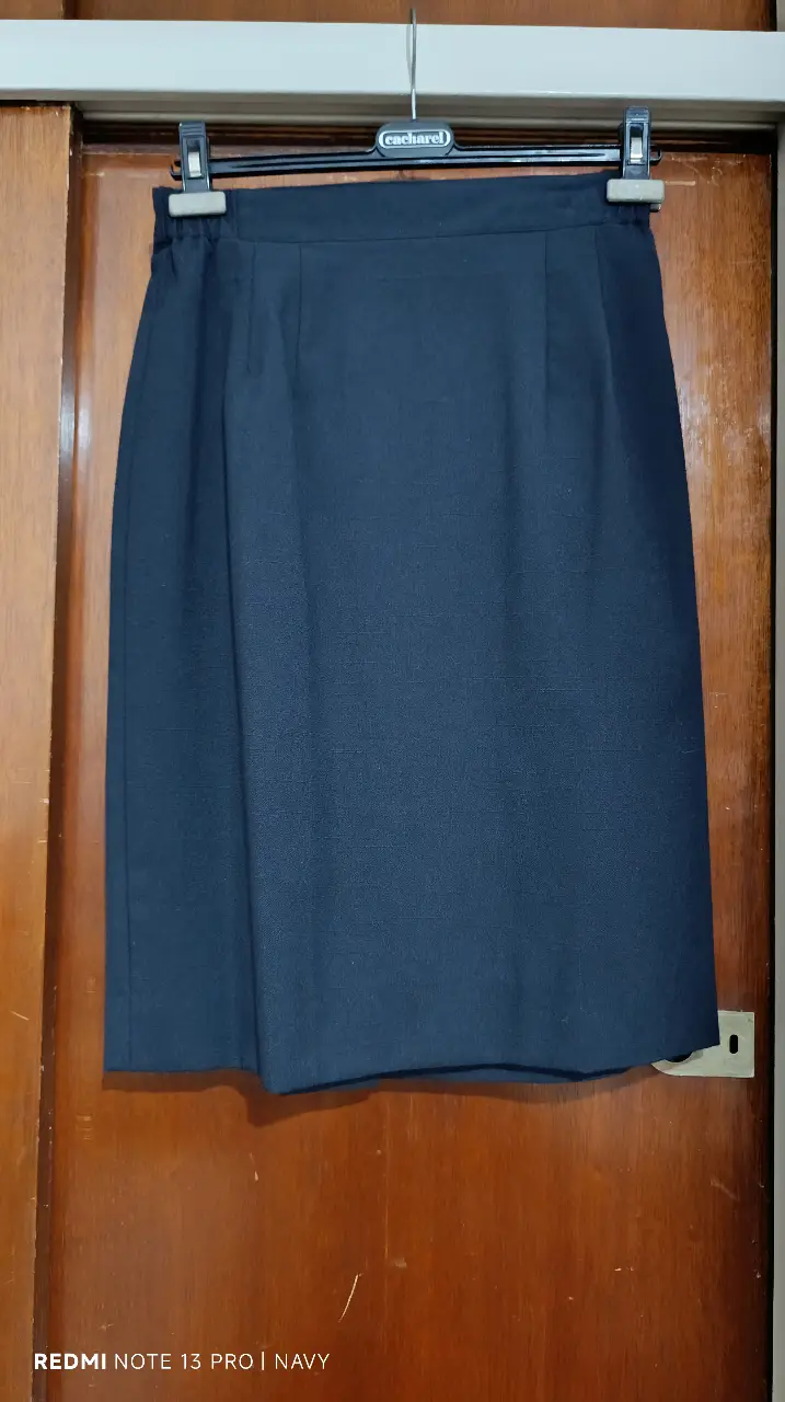 Pollera sastrera de color azul oscuro, ideal para un look formal o de trabajo. Confeccionada con un tejido de calidad, presenta un diseño clásico y elegante. Perfecta para combinar con blusas o camisas.