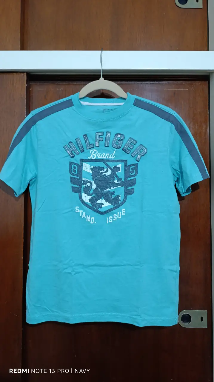 Remera de adolescente (t. 12/14)Tommy Hilfiger verde agua con detalles grises en las mangas y hombros. Estampado frontal con el logo de la marca. Ideal para un look casual y cómodo.