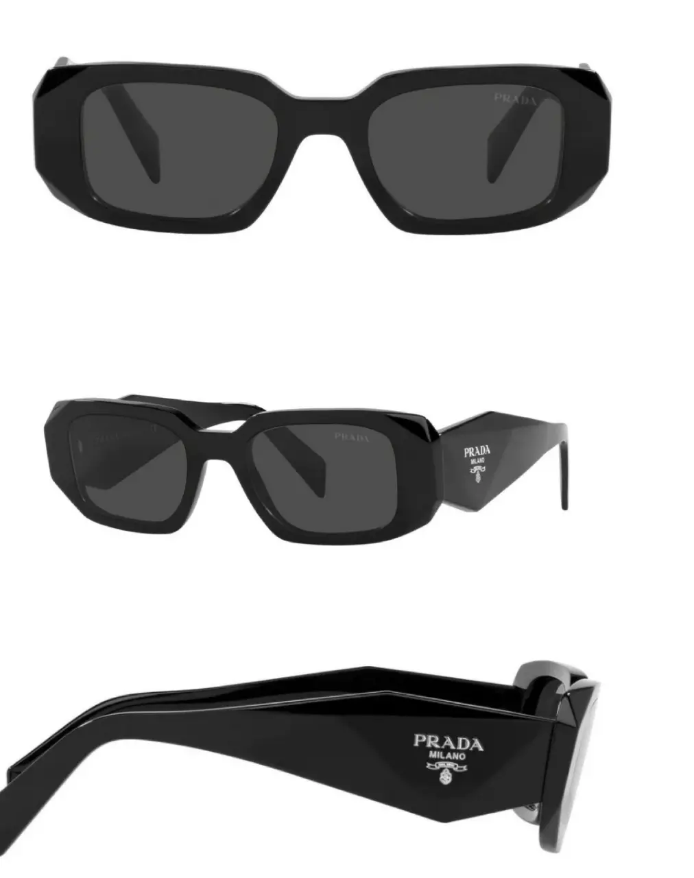 Anteojos de sol Prada unisex, modelo rectangular con marco negro y lentes oscuros. Incluye estuche, funda y paño de limpieza.