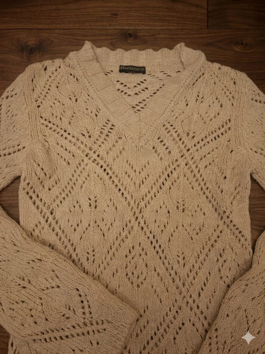 Sweater de hilo tejido con diseño de rombos y detalles calados. Escote en V y mangas largas. Ideal para un look casual y elegante.