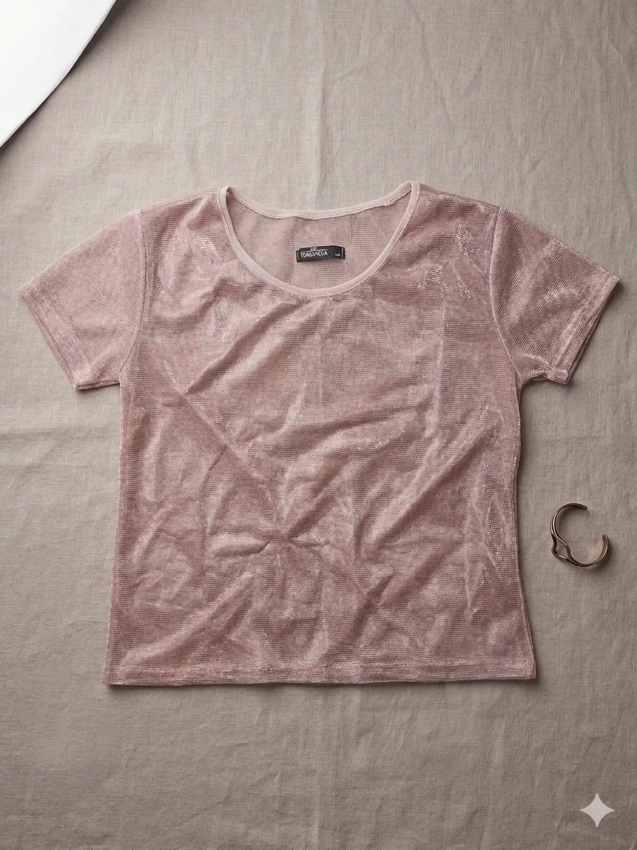 Remera rosa metalizada con mangas cortas y escote redondo. Una prenda delicada y con brillo, ideal para darle un toque especial a tu look.